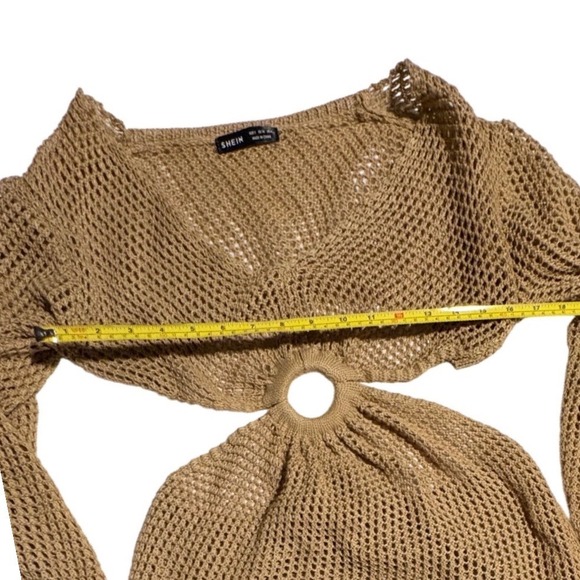 Crochet Cutout Mini Dress Beige Knit Ring Detail Long Sleeve Beach Vacation S - Picture 7 of 8
